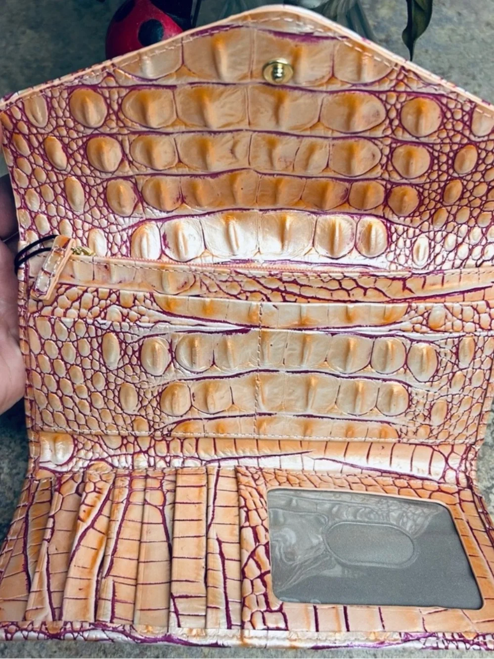 Brahmin Iridescent Peach-Pink Croc-Embossed Satchel and wallet with Gold Accent